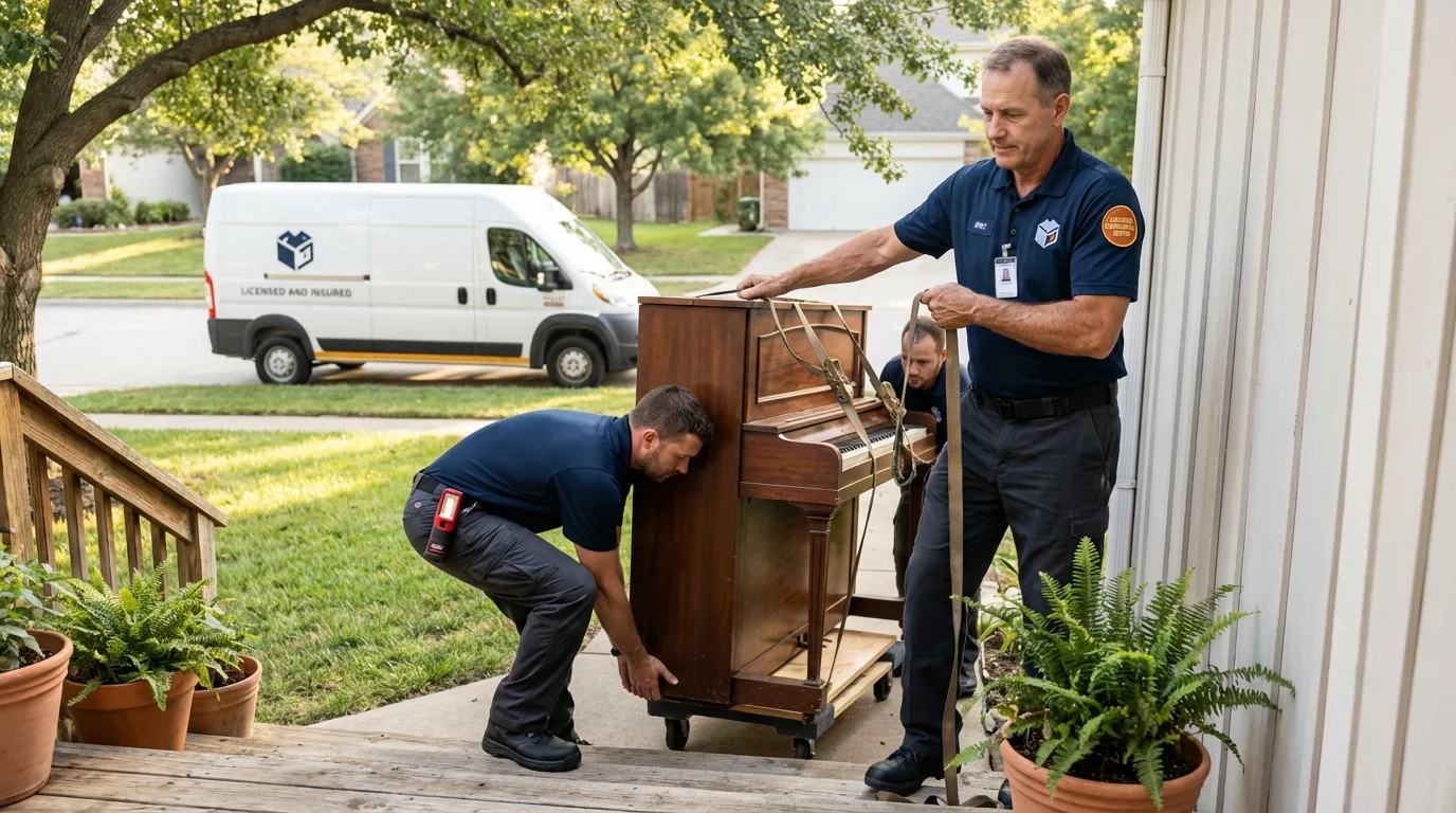 Licensed piano movers securing grand piano in Ramona, CA