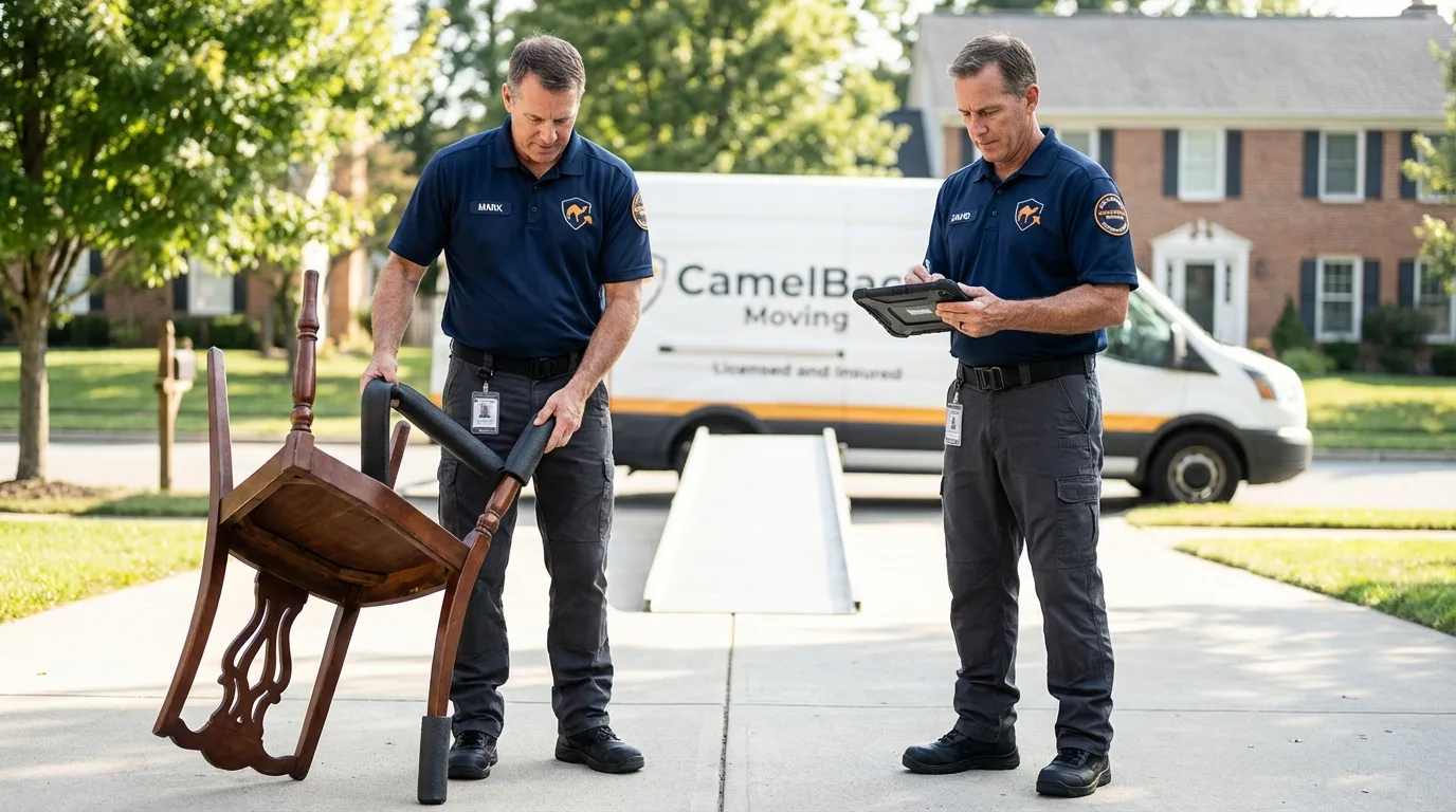 Movers inspecting furniture for damage prevention before loading in Ramona, CA