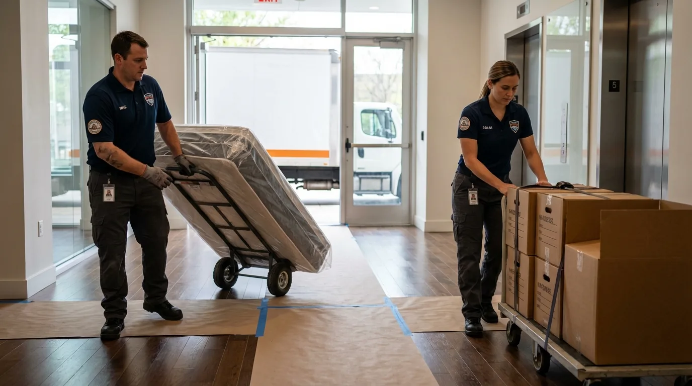 Professional apartment movers loading elevator in Ramona, CA